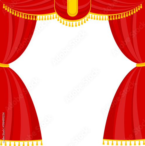 Elegant red velvet theater curtain. Open stage scene with silk drapes. Luxury theatrical interior for performance, opera and concert. Cinema show, rich fabric and dramatic atmosphere. Vector EPS 10.