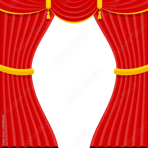 Elegant red velvet theater curtain. Open stage scene with silk drapes. Luxury theatrical interior for performance, opera and concert. Cinema show, rich fabric and dramatic atmosphere. Vector EPS 10.