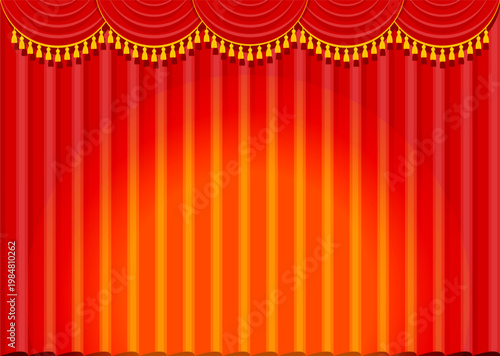 Elegant red velvet theater curtain. Open stage scene with silk drapes. Luxury theatrical interior for performance, opera and concert. Cinema show, rich fabric and dramatic atmosphere. Vector EPS 10.