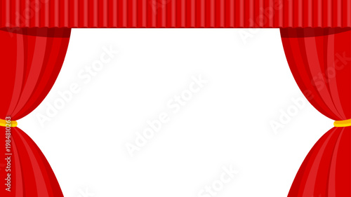 Elegant red velvet theater curtain. Open stage scene with silk drapes. Luxury theatrical interior for performance, opera and concert. Cinema show, rich fabric and dramatic atmosphere. Vector EPS 10.