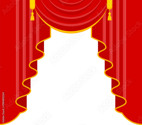Elegant red velvet theater curtain. Open stage scene with silk drapes. Luxury theatrical interior for performance, opera and concert. Cinema show, rich fabric and dramatic atmosphere. Vector EPS 10.