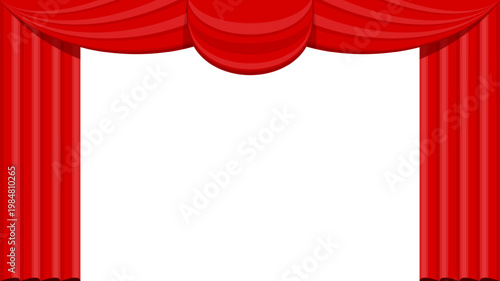 Elegant red velvet theater curtain. Open stage scene with silk drapes. Luxury theatrical interior for performance, opera and concert. Cinema show, rich fabric and dramatic atmosphere. Vector EPS 10.