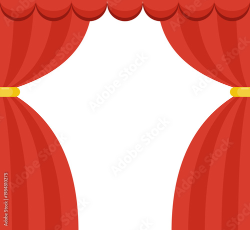 Elegant red velvet theater curtain. Open stage scene with silk drapes. Luxury theatrical interior for performance, opera and concert. Cinema show, rich fabric and dramatic atmosphere. Vector EPS 10.