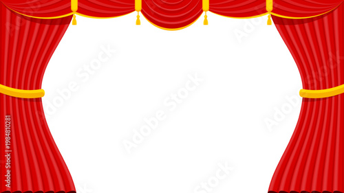 Elegant red velvet theater curtain. Open stage scene with silk drapes. Luxury theatrical interior for performance, opera and concert. Cinema show, rich fabric and dramatic atmosphere. Vector EPS 10.