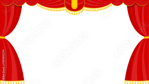 Elegant red velvet theater curtain. Open stage scene with silk drapes. Luxury theatrical interior for performance, opera and concert. Cinema show, rich fabric and dramatic atmosphere. Vector EPS 10.