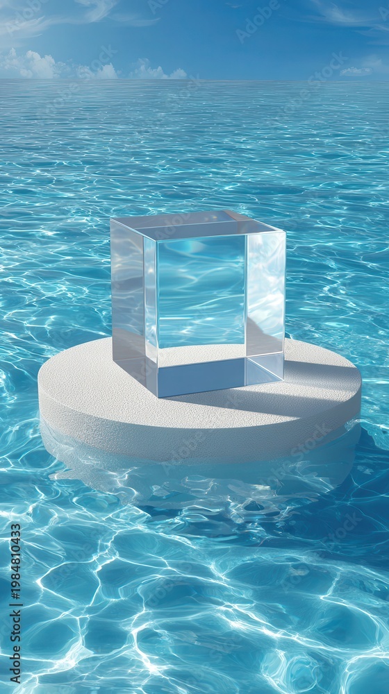 Obraz premium Transparent Cube on Circular Platform in Calm Blue Water