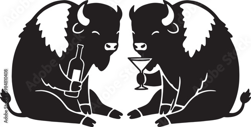 Two stylized buffaloes sitting and enjoying drinks with a bottle and a martini glass