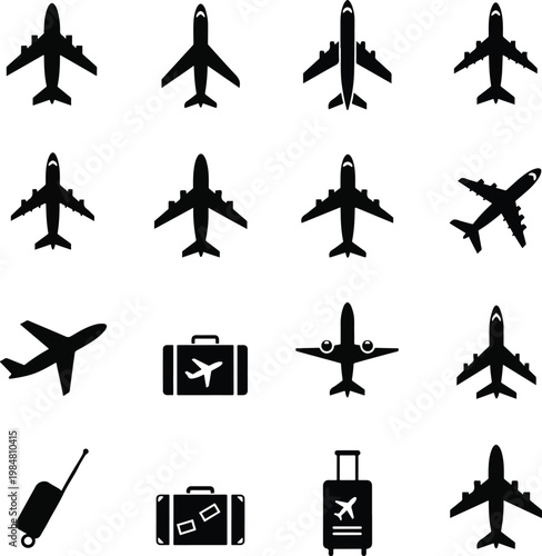 Air Travel Icons Set with Airplanes and Luggage Silhouettes