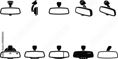 Car rearview mirror vector icon set, black silhouette automotive interior accessories, collection of 10 vehicle rear view glass elements for driving safety