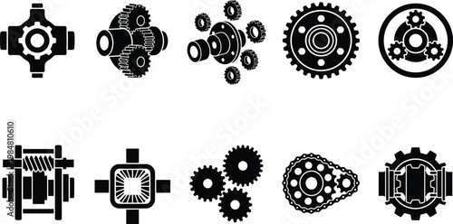 Industrial gear icons set, mechanical engine parts and transmission gears vector, 10 black technical machinery components for engineering design