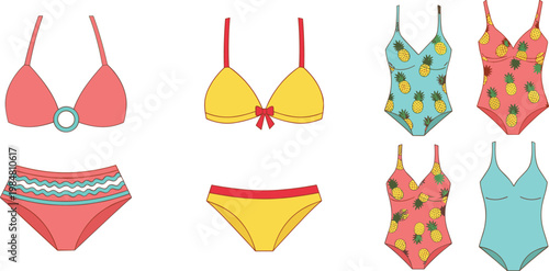Colorful Summer Swimwear Collection Featuring Bikini Sets and One-Piece Swimsuits with Trendy Pineapple Print Pattern Design for Women Beach Vacation Fashion