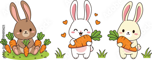 Cute bunny cartoon vector set with rabbits holding carrots and garden elements isolated on white background