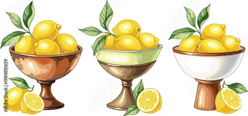 Illustration of Fresh Lemons in Decorative Bowls for Fruit, Kitchen, and Food Design
