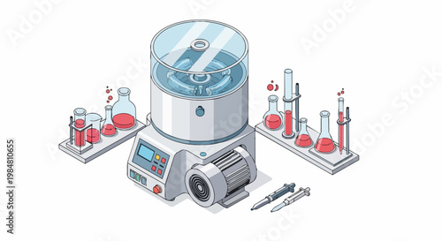Isometric Laboratory Centrifuge with Medical Flasks and Chemical Test Tubes Illustration for Science and Healthcare Research