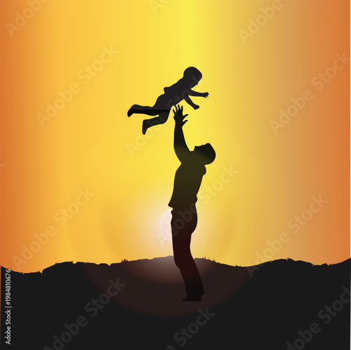 A silhouette of an adult lifting a child against a sunset backdrop