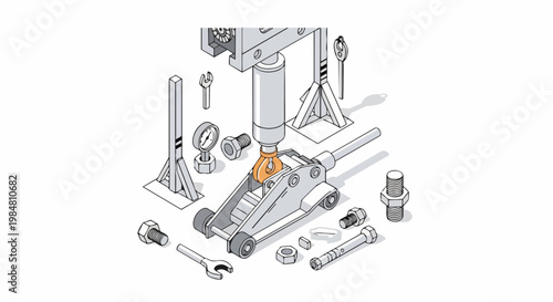 Isometric Hydraulic Floor Jack with Mechanical Tools, Bolts, and Jack Stands for Vehicle Repair and Industrial Maintenance Illustration