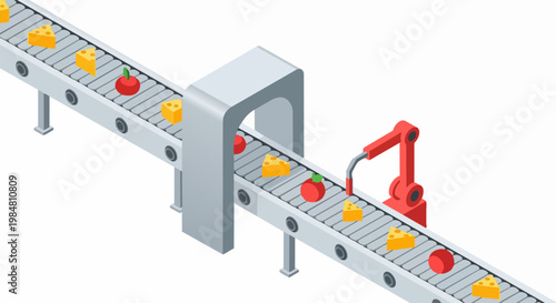 Isometric Food Production Line with Conveyor Belt and Robotic Arm - Automated Smart Factory for Fruits and Dairy Processing