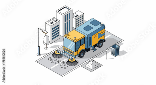 Isometric Illustration of a Modern Street Sweeper Truck Cleaning a City Road with Urban Buildings