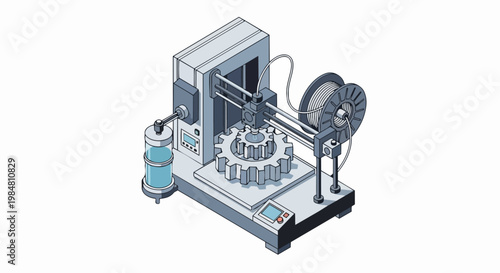 3D Printer Isometric Illustration Manufacturing a Mechanical Gear, Rapid Prototyping and Additive Manufacturing Technology Concept on White Background