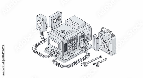 Isometric Line Art Illustration of an Electric Backup Power Generator with Tools and Fuel Canister