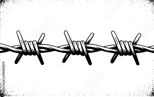 Black and white barbed wire with textured border white background, fence boundary