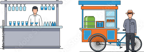 Street Beverage Vendor and Juice Stall Illustration with Seller, Glass Display, and Mobile Cart for Urban Market, Small Business, and Food Service Concepts