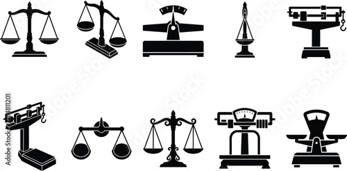 Scales of Justice and weighing balance icon set. Features various types including traditional, modern, and industrial scales. Solid black vector icons for legal, commerce, and measurement concepts.