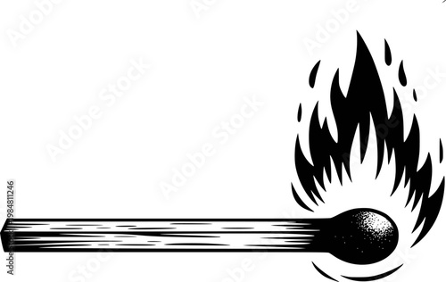 Black and white of a burning matchstick with flames white background, fire ignition
