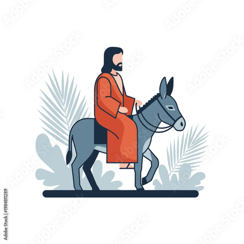 A flat vector illustration of Jesus riding a donkey, surrounded by palm leaves, depicting the Palm Sunday event.