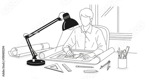 Person Sketching Architectural Drawings At Desk Lamp.