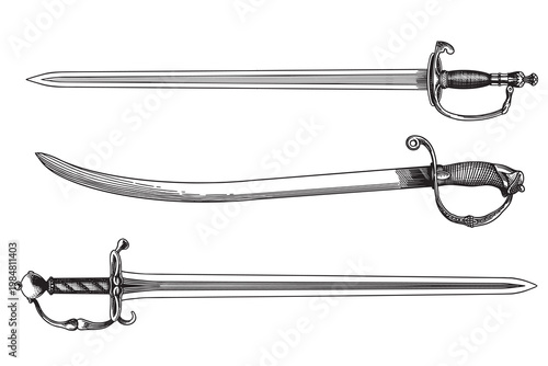 Collection of original medieval and victorian 19 century swords, blades and saber. Hand drawn engraving in traditional linear ink style.
