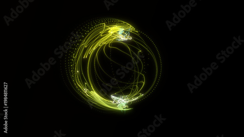 Abstract neon yellow energy sphere with glowing particle lines forming futuristic digital orb dynamic motion dark background seamless loop animation 4K