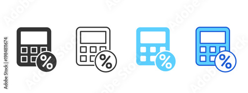 Calculator with percent sign icon set. Discount calculation, tax rate, finance symbol. Outline flat and colored vector illustration.