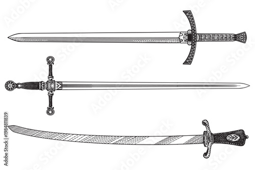 Collection of original medieval and victorian 19 century swords, blades and saber. Hand drawn engraving in traditional linear ink style.