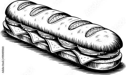 Hand-drawn black and white submarine sandwich white background, food