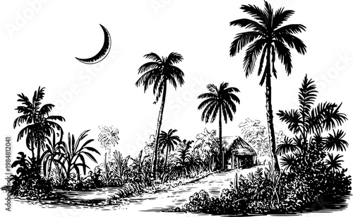 Fotografía Tropical landscape with palm trees, hut, and crescent moon in black and white