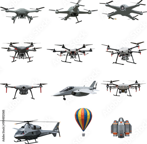 Modern Aerial Vehicles Collection Drones Helicopters Jet and Balloon