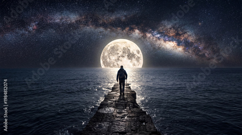 A lone explorer walking on a narrow stone pier toward a giant full moon over the ocean at night with the milky way galaxy and stars visible