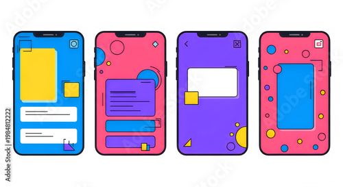 Modern mobile app UI kit with vibrant geometric interface designs, set of four colorful smartphone screens, creative digital application layout templates