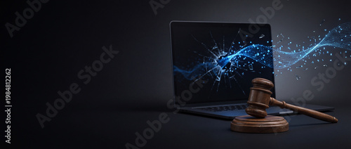 Judge gavel with glowing stream of encrypted data leaking exposed from shattered hacked laptop, cyber security breach, unauthorized data access. Cybercrime prosecution concept, legal consequences