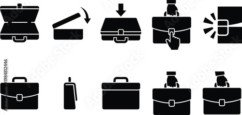 Briefcase open and close instruction icon set. Features various stages of opening, closing, and locking a business bag. Flat vector icons for user manuals and product guides.