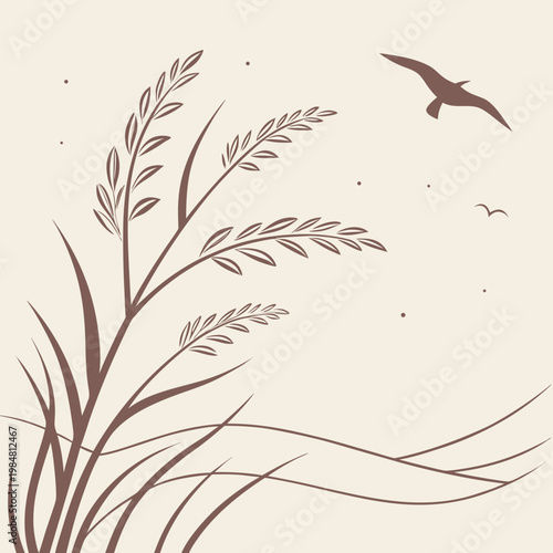 A bird flies over a field of tall grass and plants