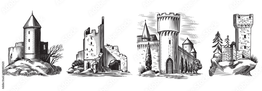 Fototapeta premium Old castles and towers of a medieval building. Fortress or Chateau with ruins and walls. Hand drawn engraving in traditional style. Lineart illustration for branding