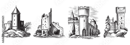 Old castles and towers of a medieval building. Fortress or Chateau with ruins and walls. Hand drawn engraving in traditional style. Lineart illustration for branding