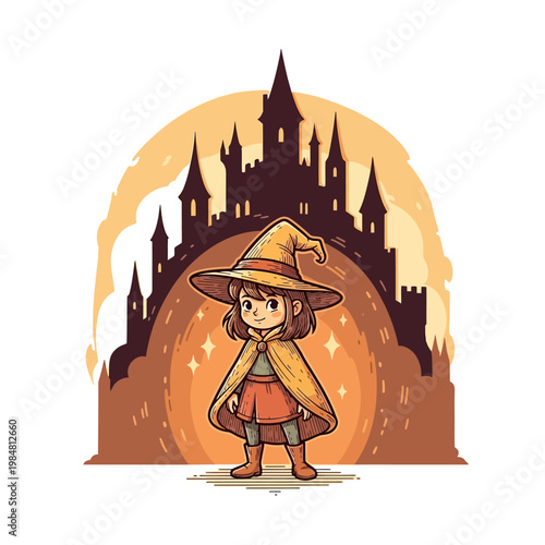 A young witch in a pointy hat and cloak stands in front of a silhouetted castle under a warm, glowing sky.