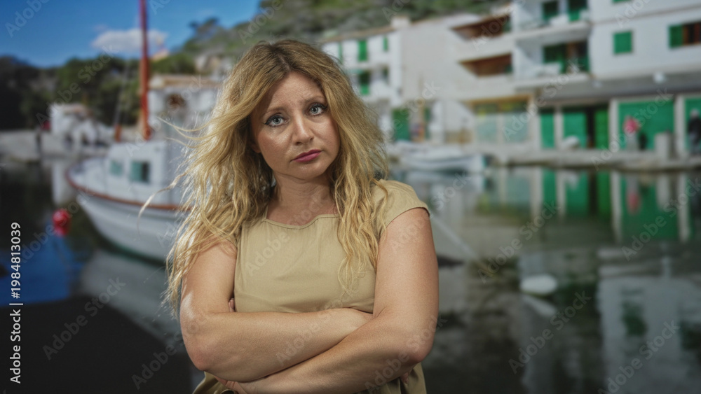 Fototapeta premium Woman with arms crossed by boat beside a port building, facing camera with a stern expression; defiance rejection.