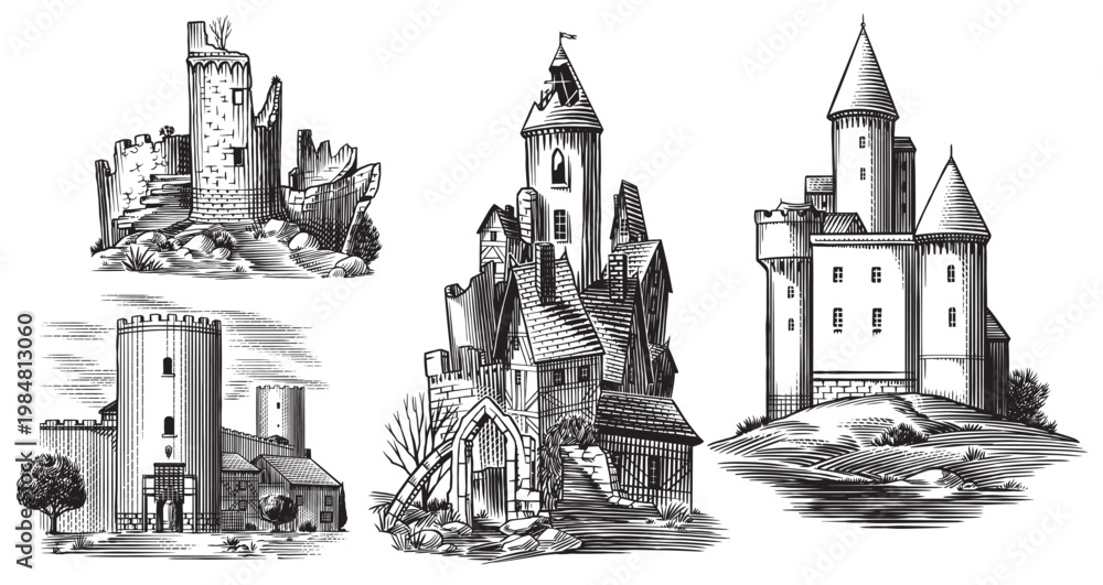 Fototapeta premium Old castles and towers of a medieval building. Fortress or Chateau with ruins and walls. Hand drawn engraving in traditional style. Lineart illustration for branding