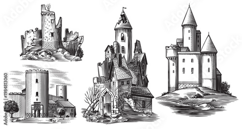 Old castles and towers of a medieval building. Fortress or Chateau with ruins and walls. Hand drawn engraving in traditional style. Lineart illustration for branding