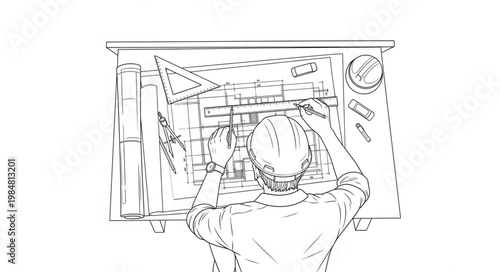 Overhead view of person drawing at drafting table.