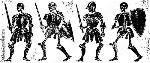 Four medieval knights in armor holding sword and shield in different battle poses